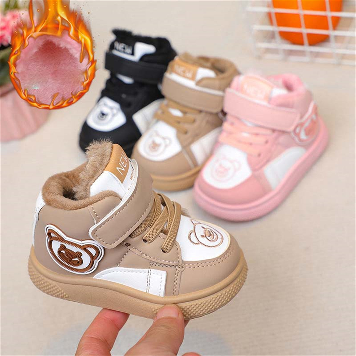 Cute bear warm, wear-resistant and non-slip Velcro cotton boots for boys and girls