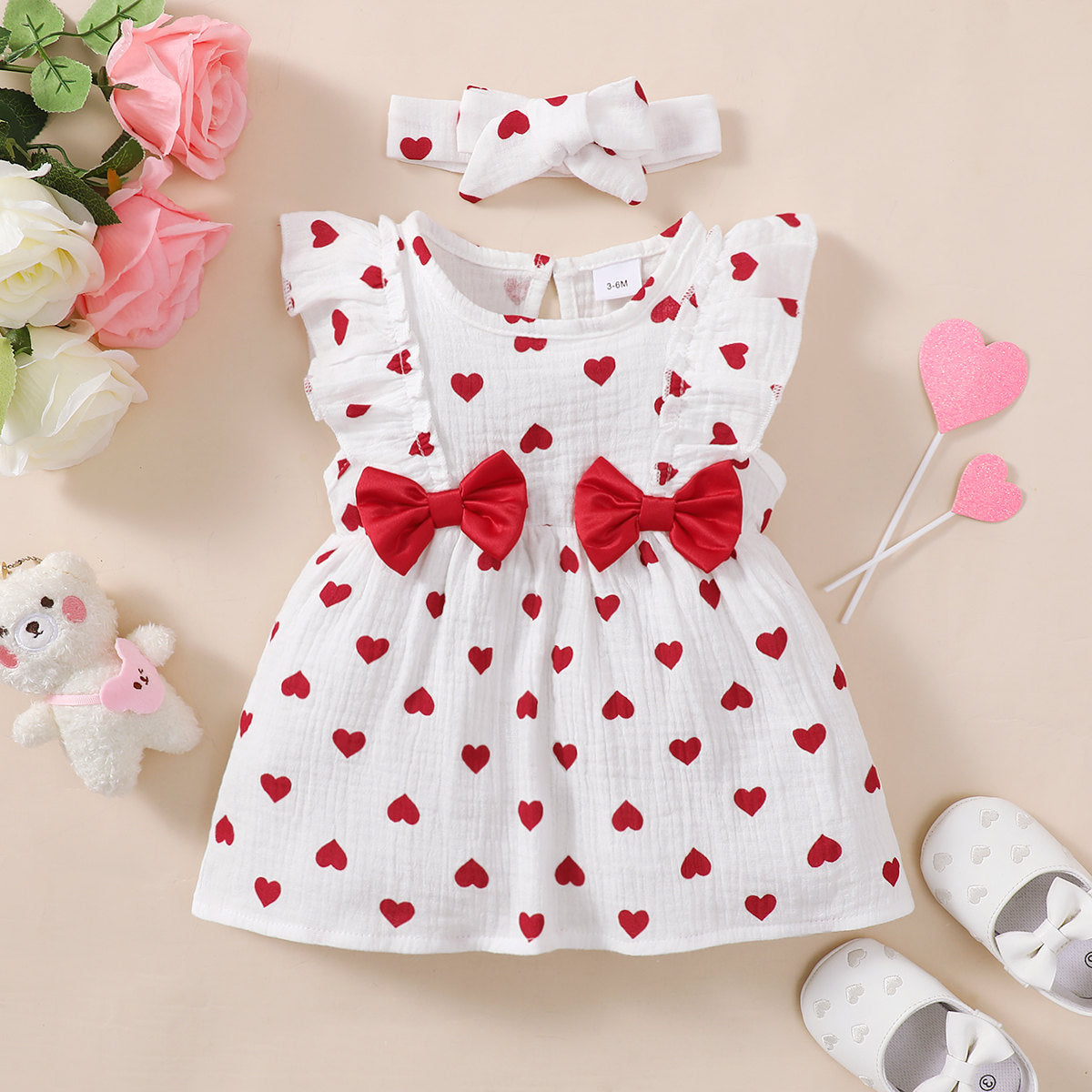 2-piece Baby Girl Pure Cotton Allover Heart Pattern Bowknot Decor Sleeveless Dress & Headwrap