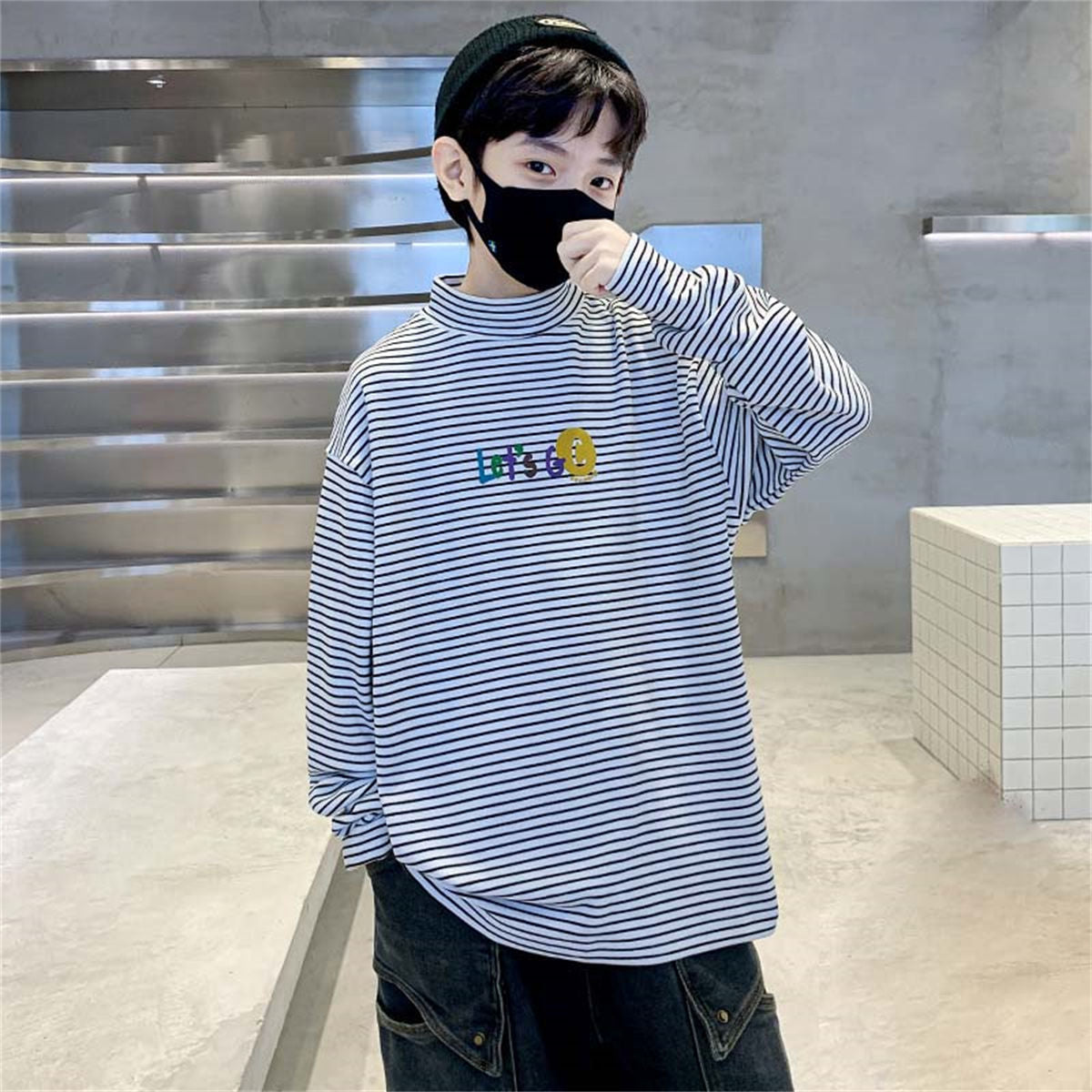 Winter plus velvet cute letter horizontal striped warm bottoming shirt for middle and large boys