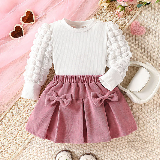 2 Pack Baby Girls Casual Cute Popcorn Texture Fabric Bubble Long Sleeve Round Neck Triangle Bodysuit and Decorative Three-Dimensional Bowknot Short Skirt Winter