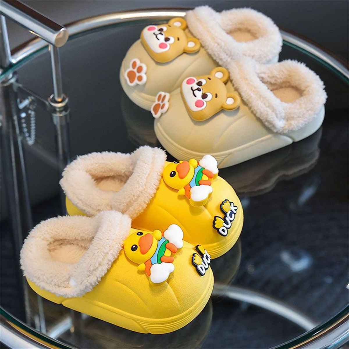 Winter waterproof plush 3D cartoon bear pattern cotton slippers for boys and girls