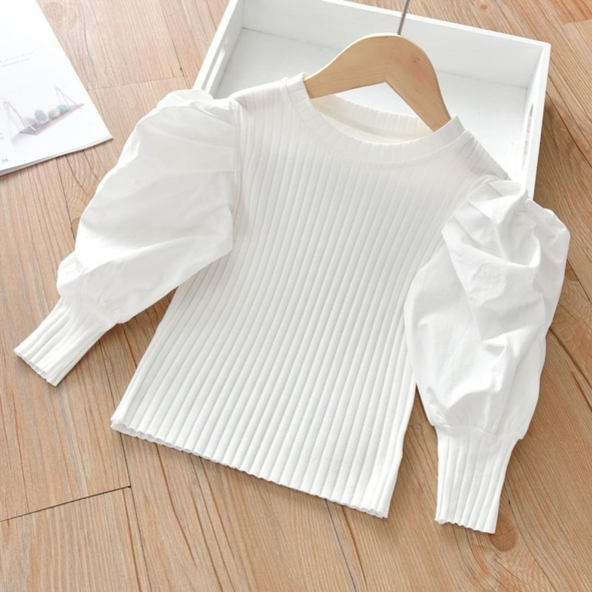 Girls' bottoming shirt new style children's puff sleeves ribbed long-sleeved T-shirt outer wear baby casual top