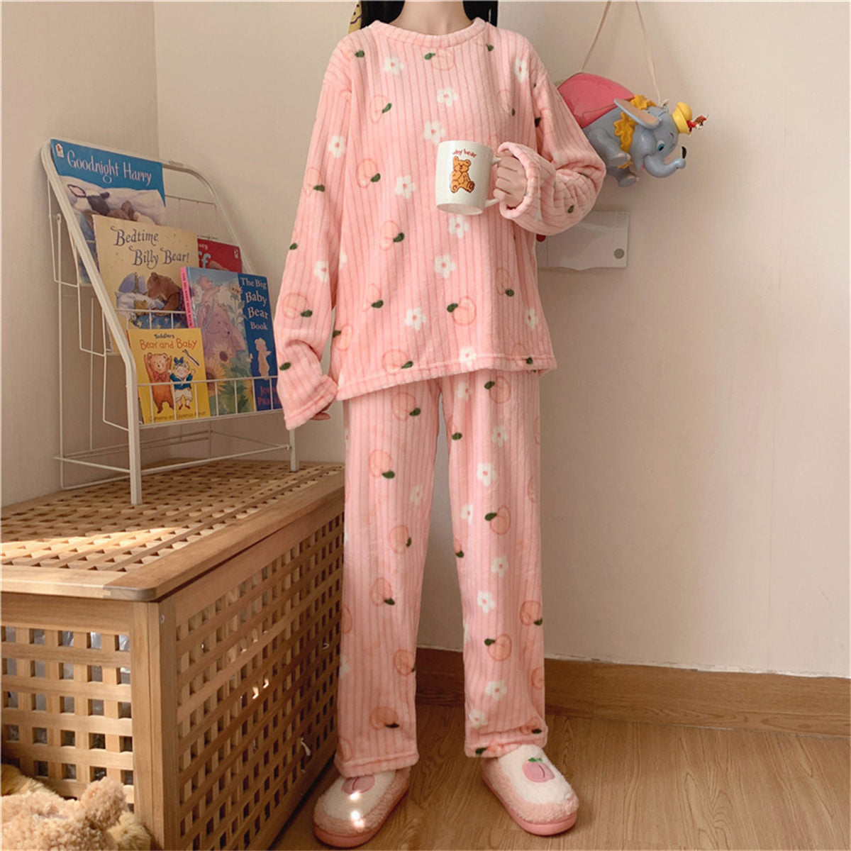 Bear bow print coral fleece suit home clothes