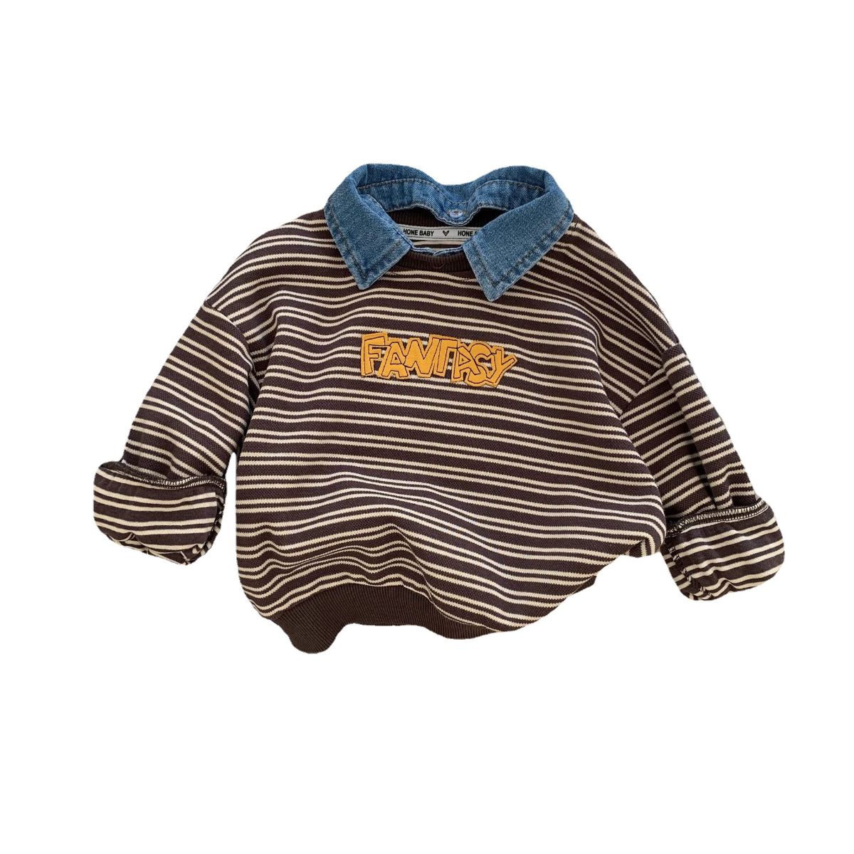 Children's sweatshirt autumn boys' small and medium children's striped denim collar sweatshirt baby casual top