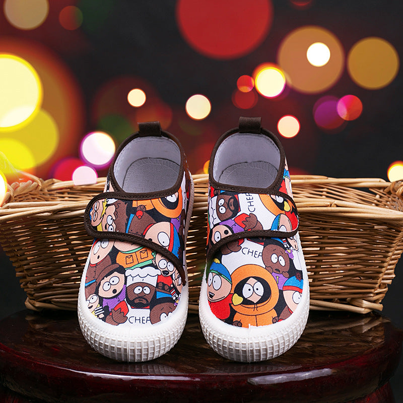 Children's and boys' autumn style cute printed patterns indoor breathable non-slip Velcro low-top canvas shoes