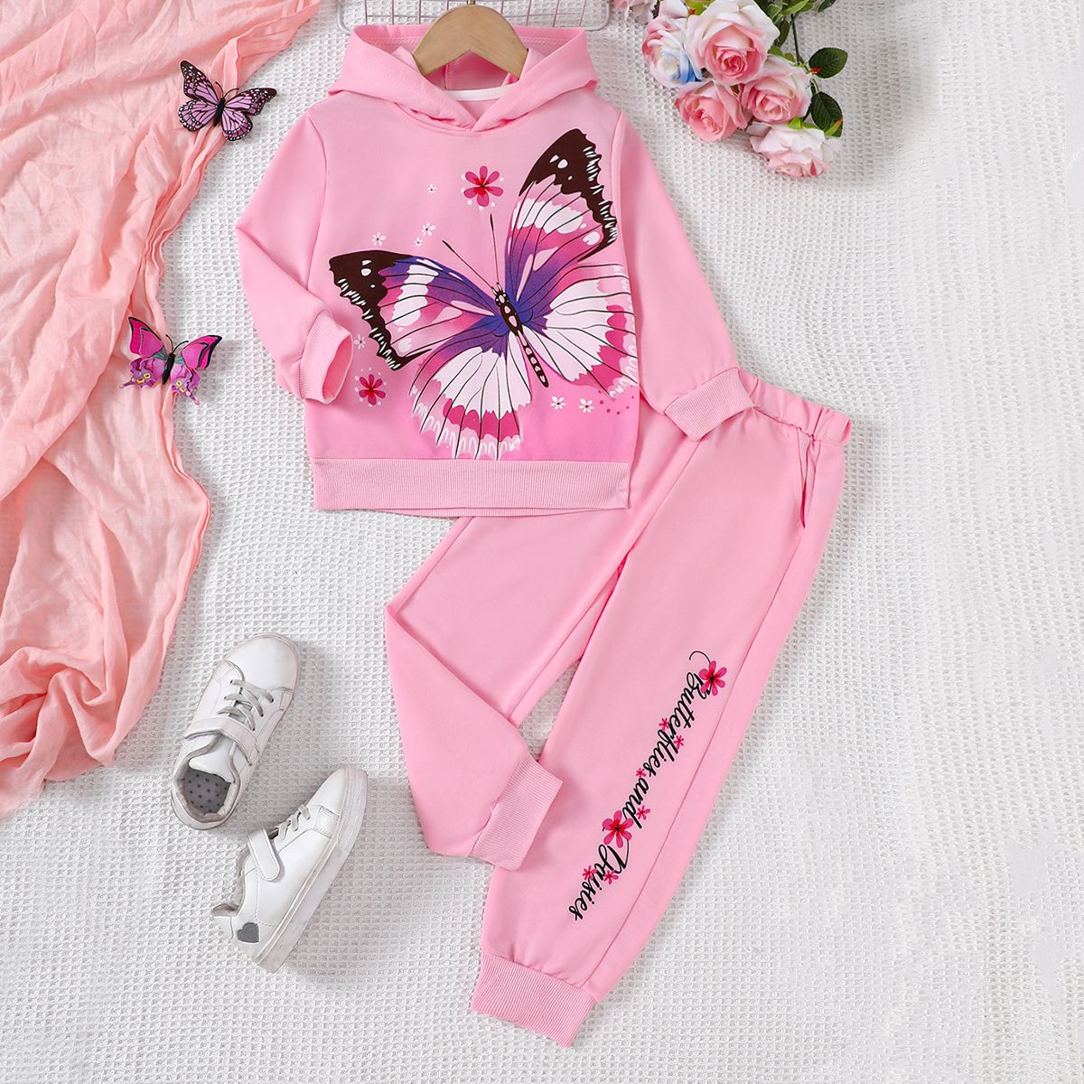 Kid girl's pink butterfly hooded sweatshirt suit