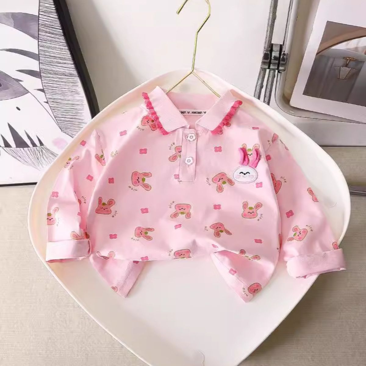 Girls Lace Autumn New Tops Polo Neck Long Sleeve Little Girl Pink Bottoming Shirt