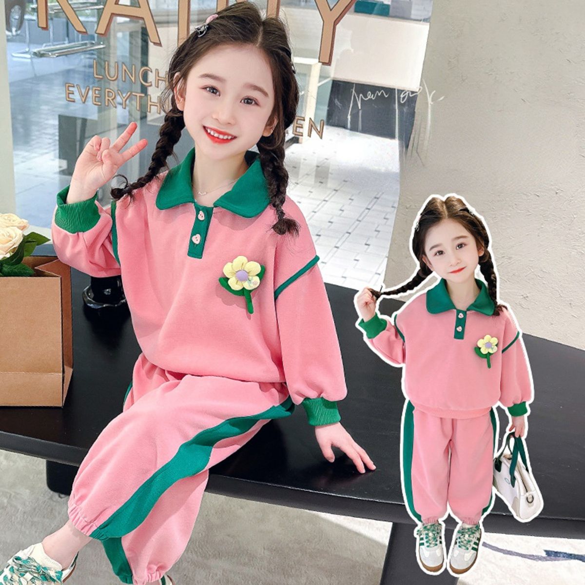 Girls Autumn Lapel Flower Colorblock Sports Suit