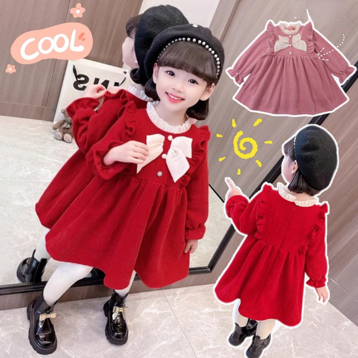 New sweet bow dress autumn and winter children's fashionable mid-length skirt