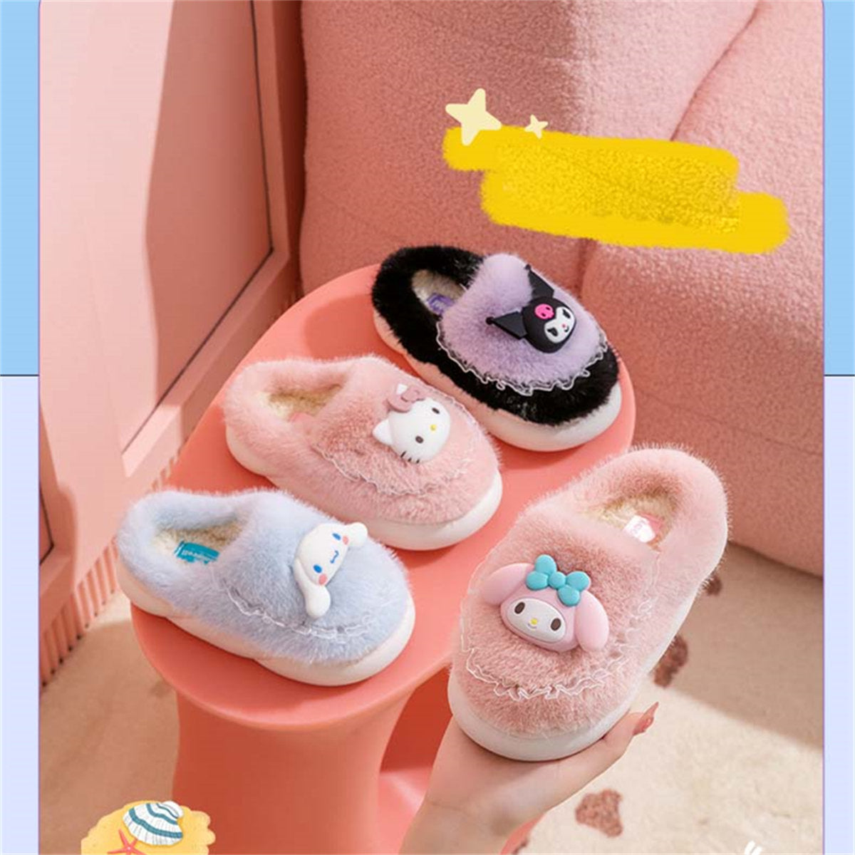 Cute Sanrio casual home warm soft cotton slippers for middle and large children and girls