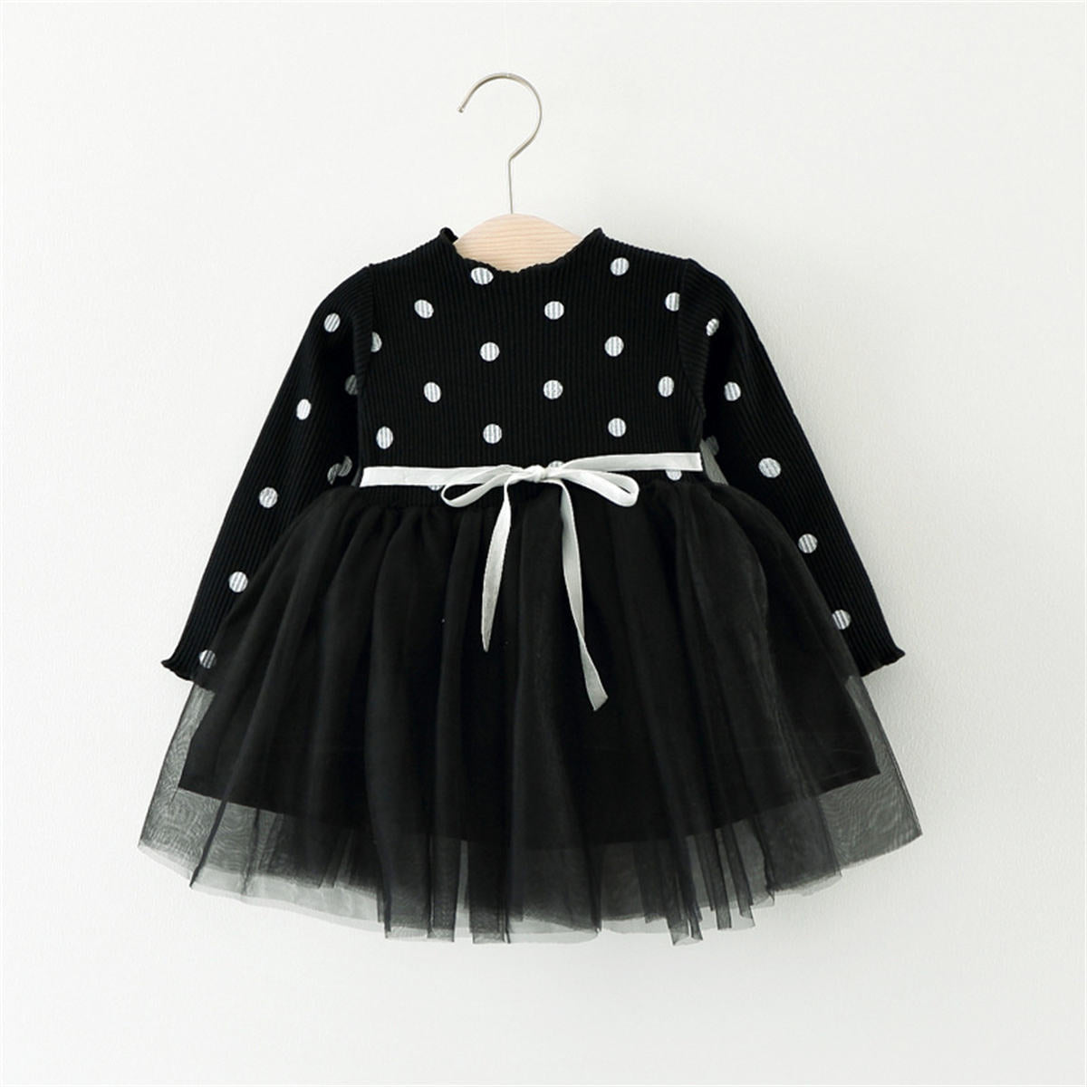 Girls Polka Dot Splicing Tulle Princess Dress Long Sleeve Dress