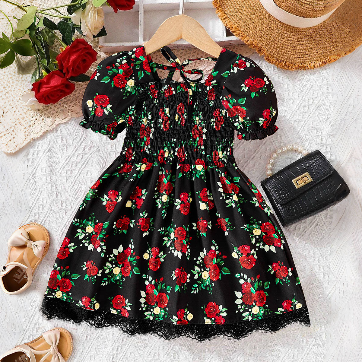 Toddler Girl's Elegant Style Rose Print Lace Ramadan Short-sleeved Dress