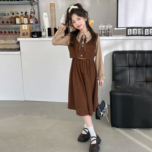 Middle and large children's lapel shirt dress long sleeve retro dress