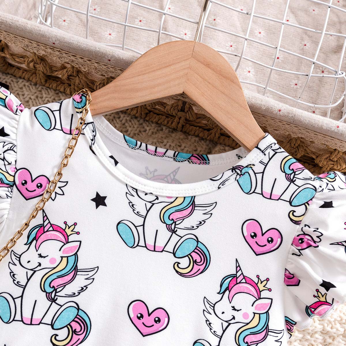 Girls cute knitted unicorn flying sleeves T-shirt and unicorn pattern denim print skirt set Spring and Summer