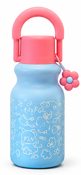 Kids Insulated Water Bottle with Rounded Carry Handle and Cute Cartoon Design