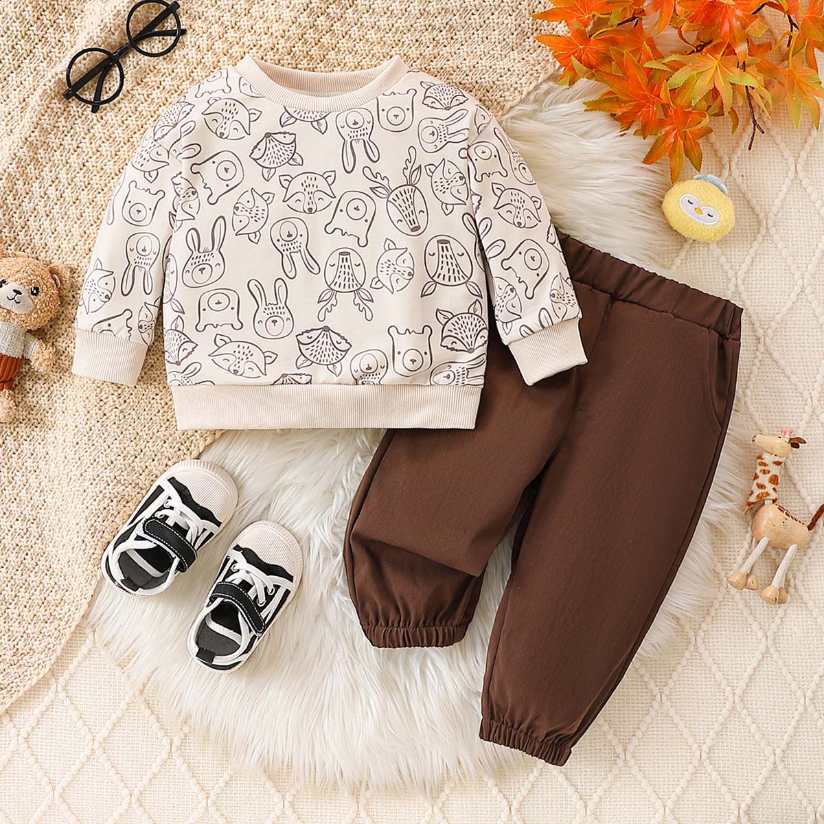 2-pack cartoon animal full-body print ribbed collar trousers long-sleeved suit autumn and winter