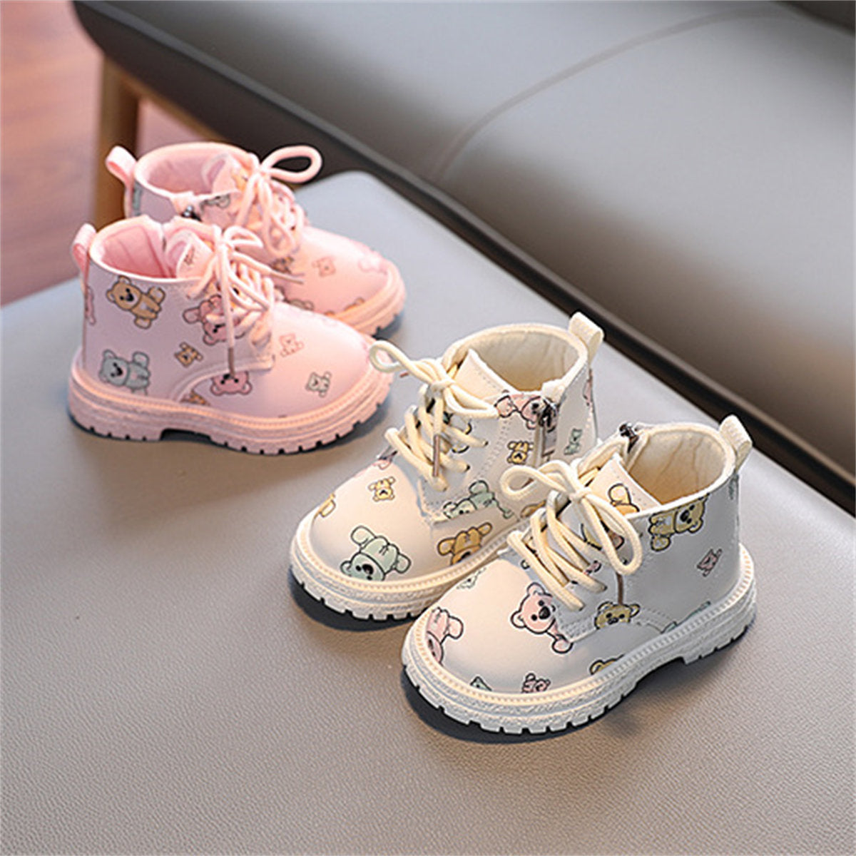 Children's and girls' autumn and winter plus velvet cartoon bear waterproof and non-slip Martin boots