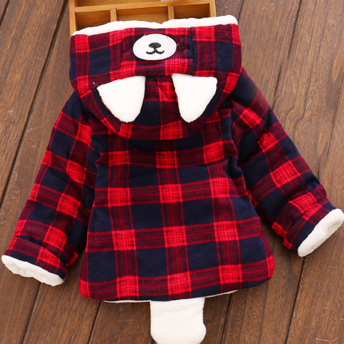 Plaid hooded plush and thickened double-breasted cotton jacket for boys and girls