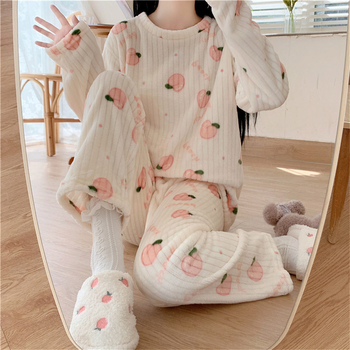 Bear bow print coral fleece suit home clothes