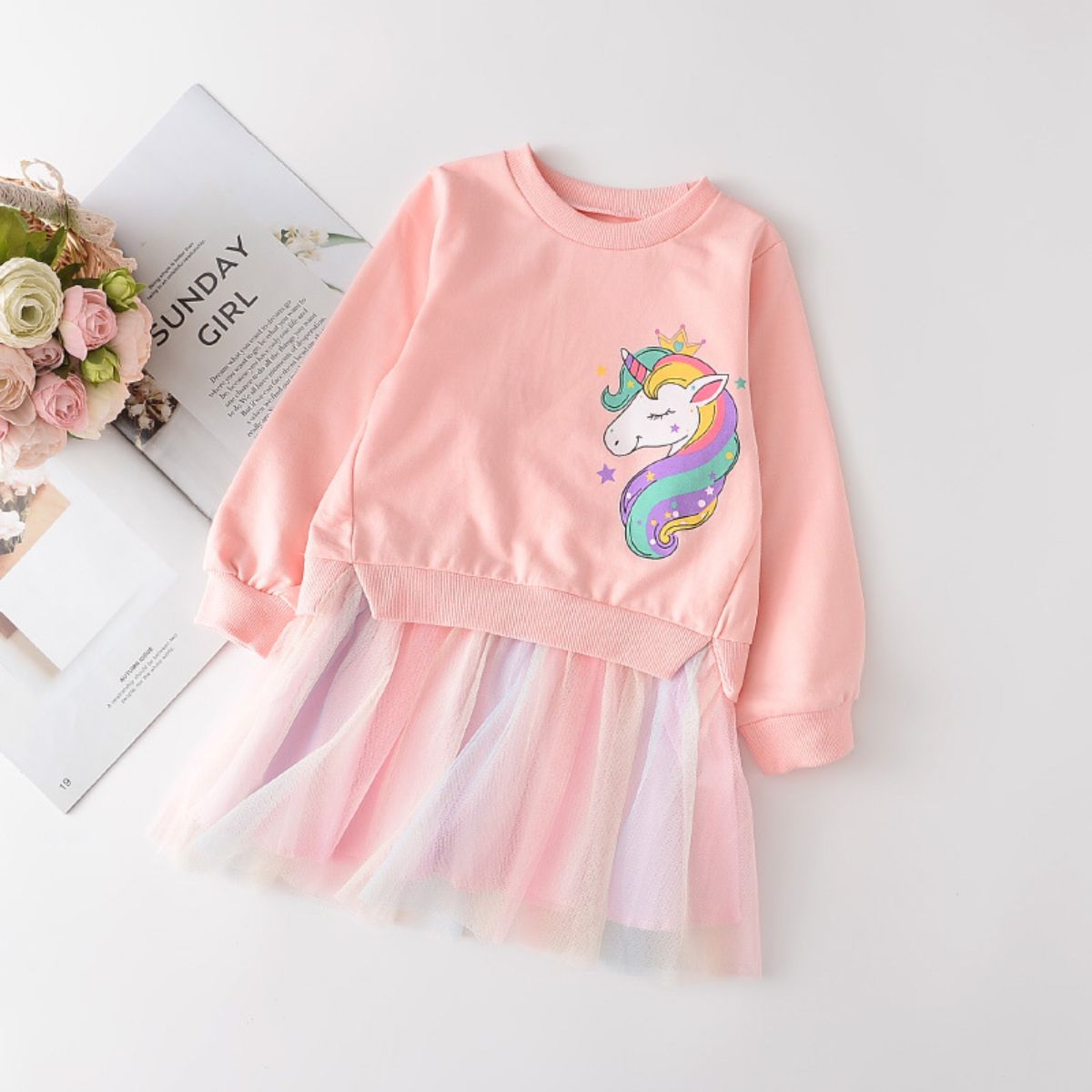 Autumn Girls Dress Girls Cartoon Sweater Mesh Splicing Dress Children's Clothing