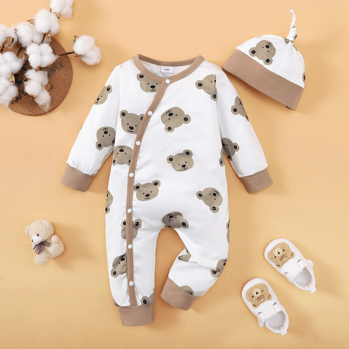 2-piece Baby Boy Allover Bear Printed Long-sleeved Long-leg Romper & Matching Infant Hat