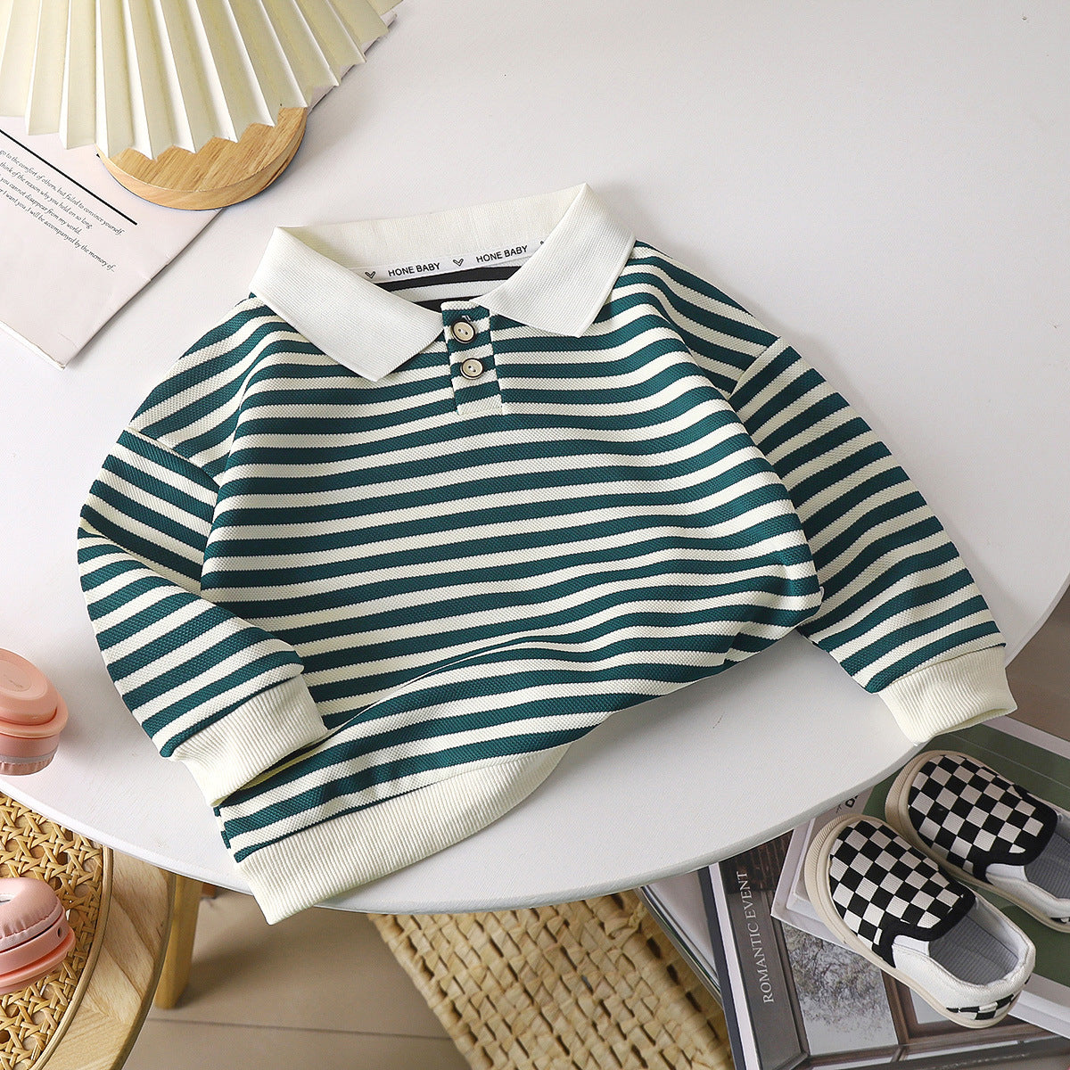 Children's long-sleeved striped POLO shirt autumn and winter boys and girls tops small and medium children's lapel bottoming shirt baby T-shirt