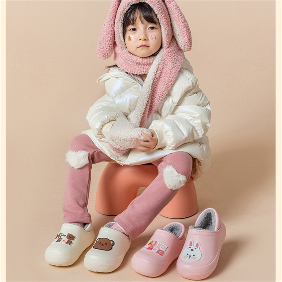 Children's boys and girls autumn and winter cute patterns indoor non-slip home waterproof plus velvet cotton slippers