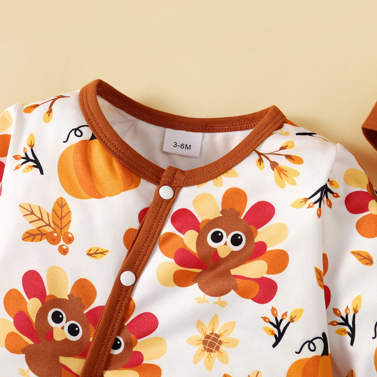 Romper with hat for autumn, Halloween and Thanksgiving design, featuring turkey and pumpkin prints