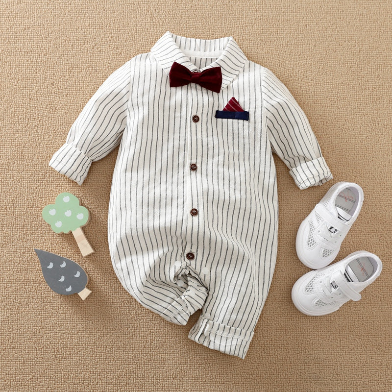 Baby Boy Bow Decor Striped Long-sleeved long-leg romper