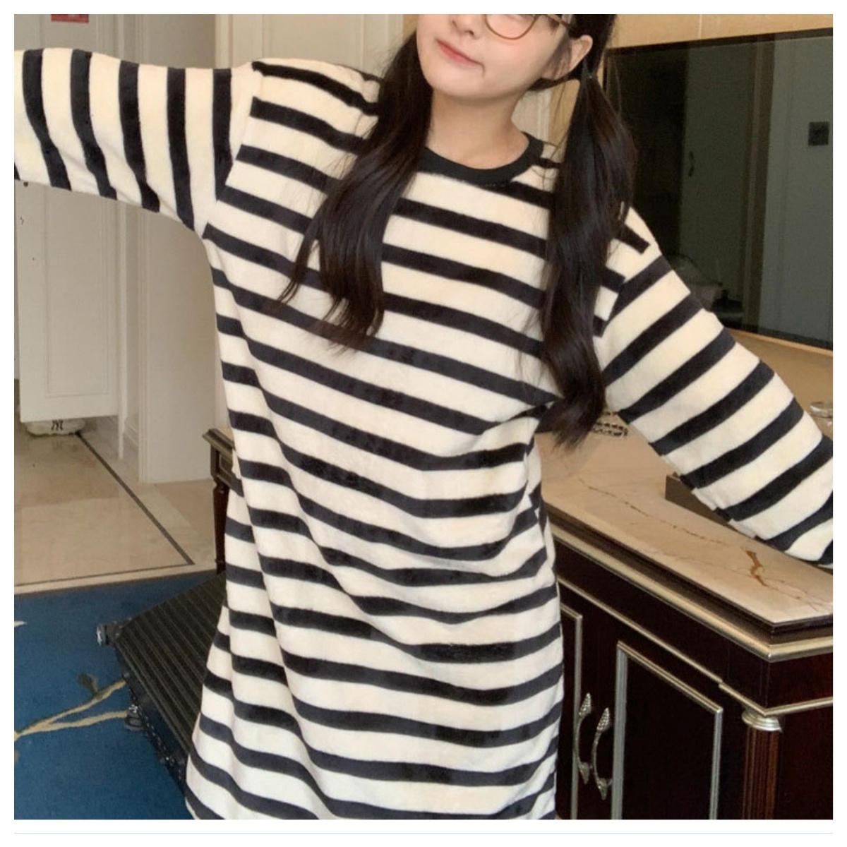 Striped flannel nightdress women's autumn and winter long sleeve home dress