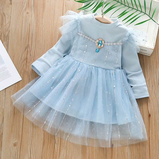 Girls Princess Elsa dress Spring and Autumn new long sleeve Frozen starry sky fluffy gauze skirt