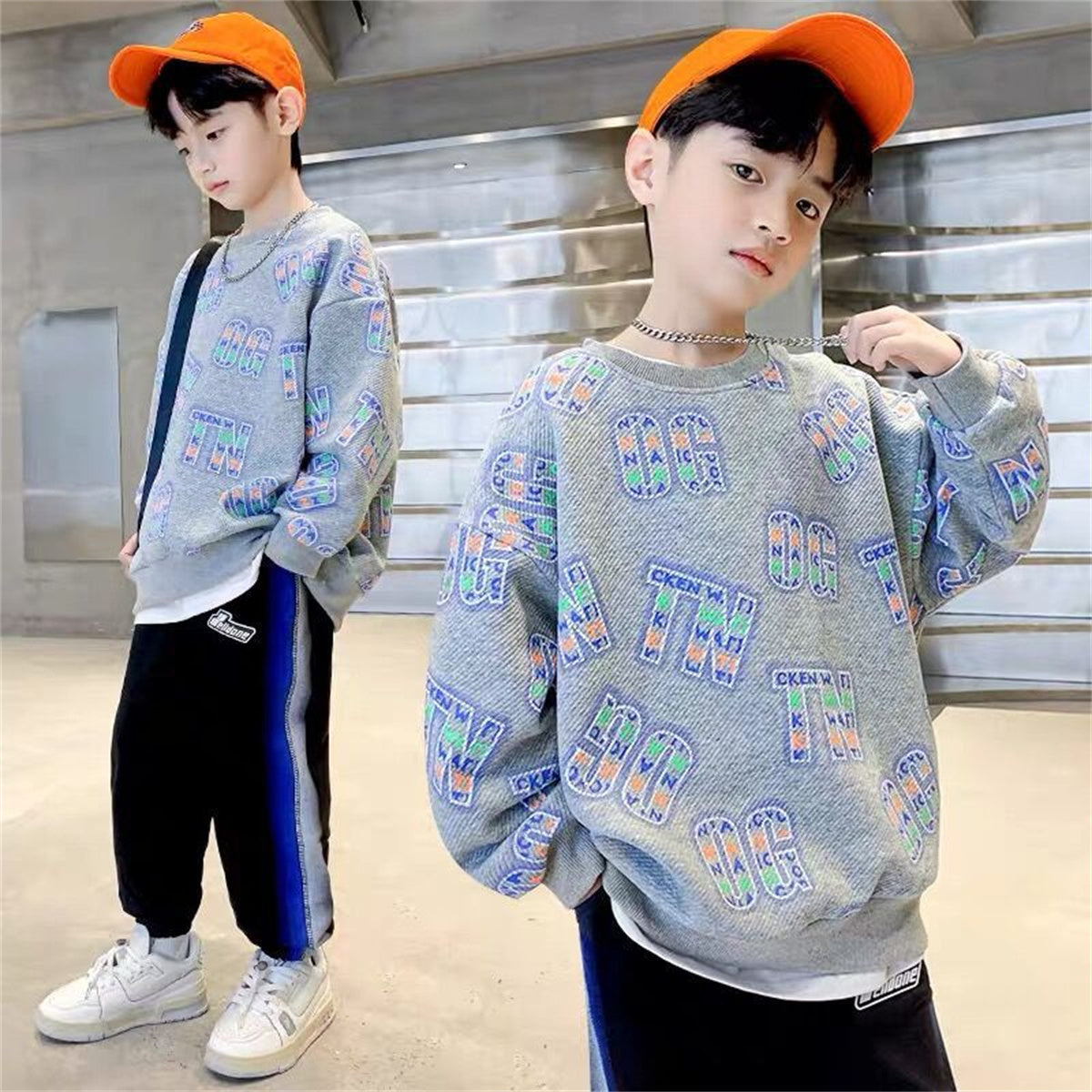 Children's round neck tops fashionable long-sleeved pullover T-shirt sweatshirt