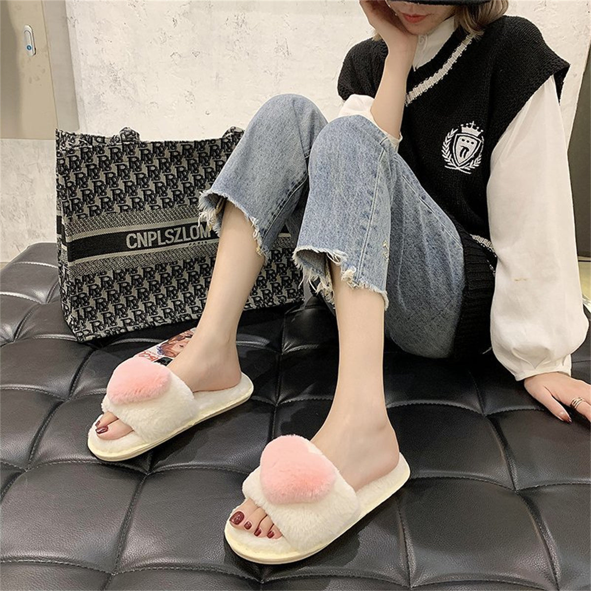 Furry love heart style autumn and winter temperament slippers shallow mouth women flat heel flat bottom daily home furry cotton slippers love word fur slippers