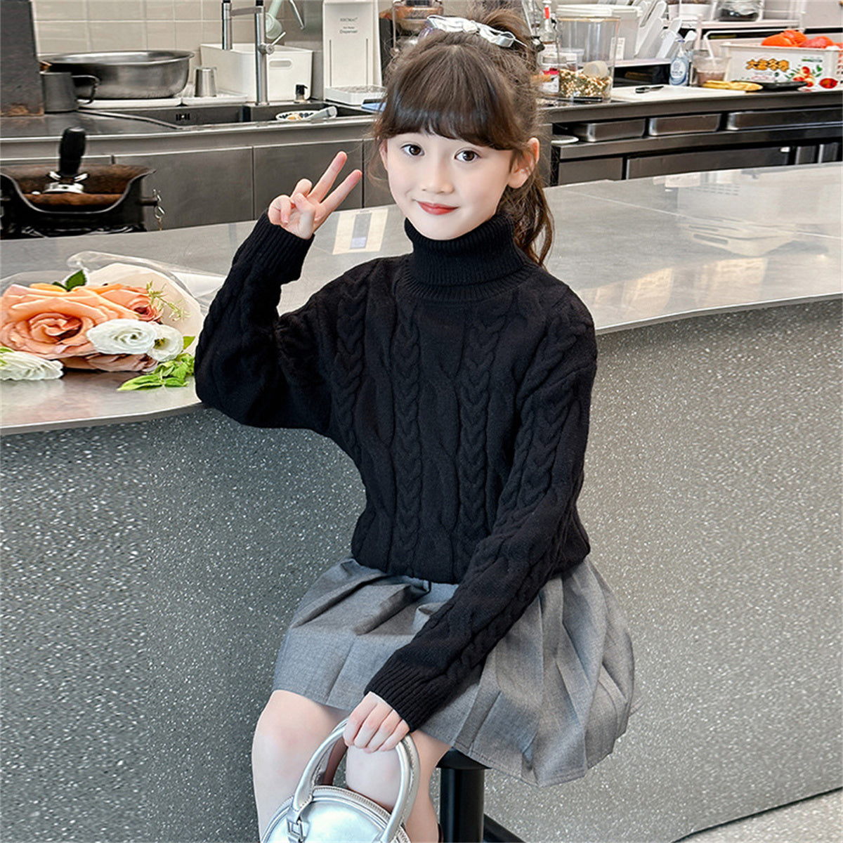 Children's Fashion Pullover Turtleneck Tops for Middle and Large Children Linen Bottom Knitted Sweaters