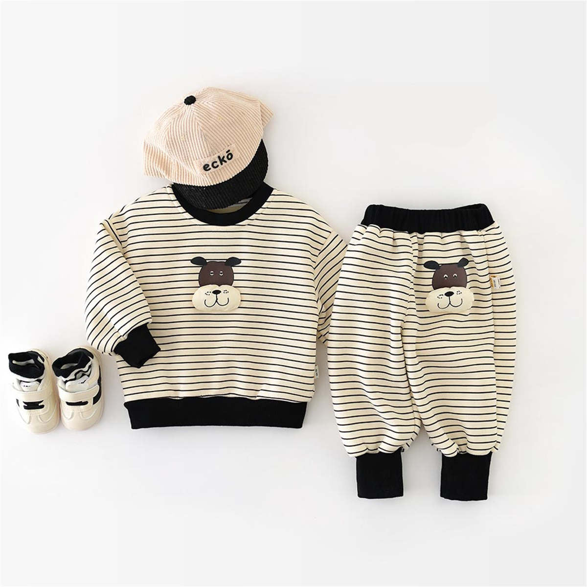 Children&#39;s winter velvet striped sweatshirt one-piece velvet cartoon sweatpants