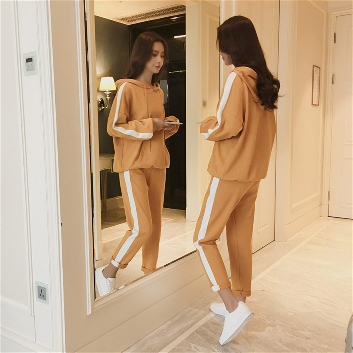 Women's loose hooded sweatshirt preppy style sports suit two-piece set