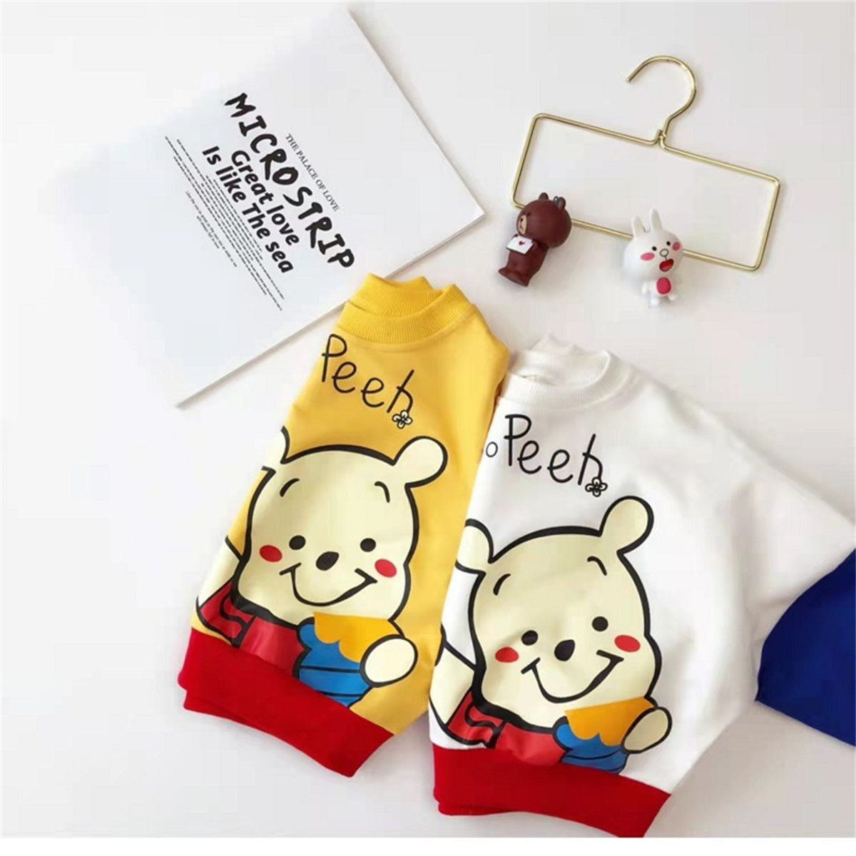 Boys and girls baby stylish cartoon bear contrast color long sleeve sweatshirt