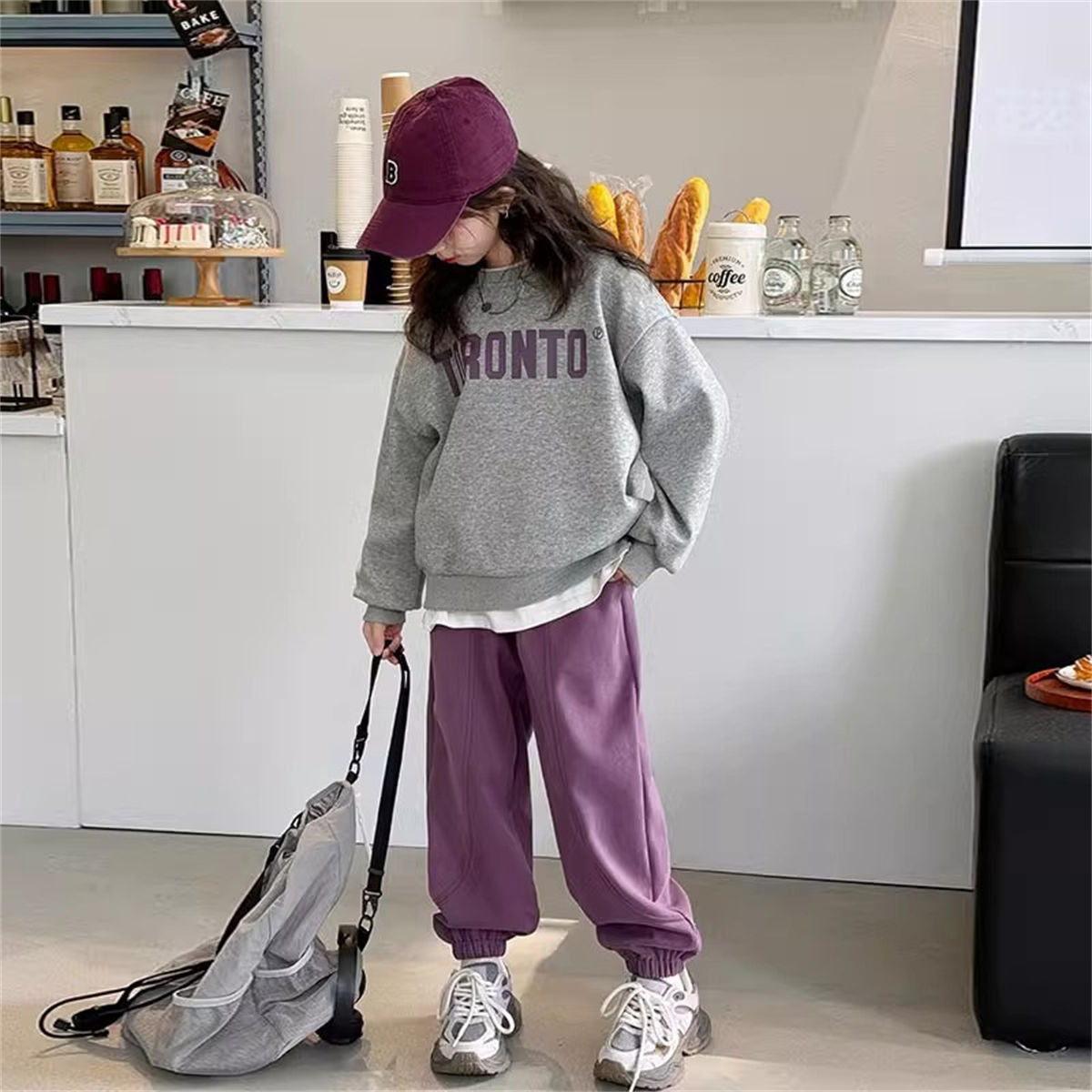 Autumn color matching letter style sports T-shirt suit for middle and large girls