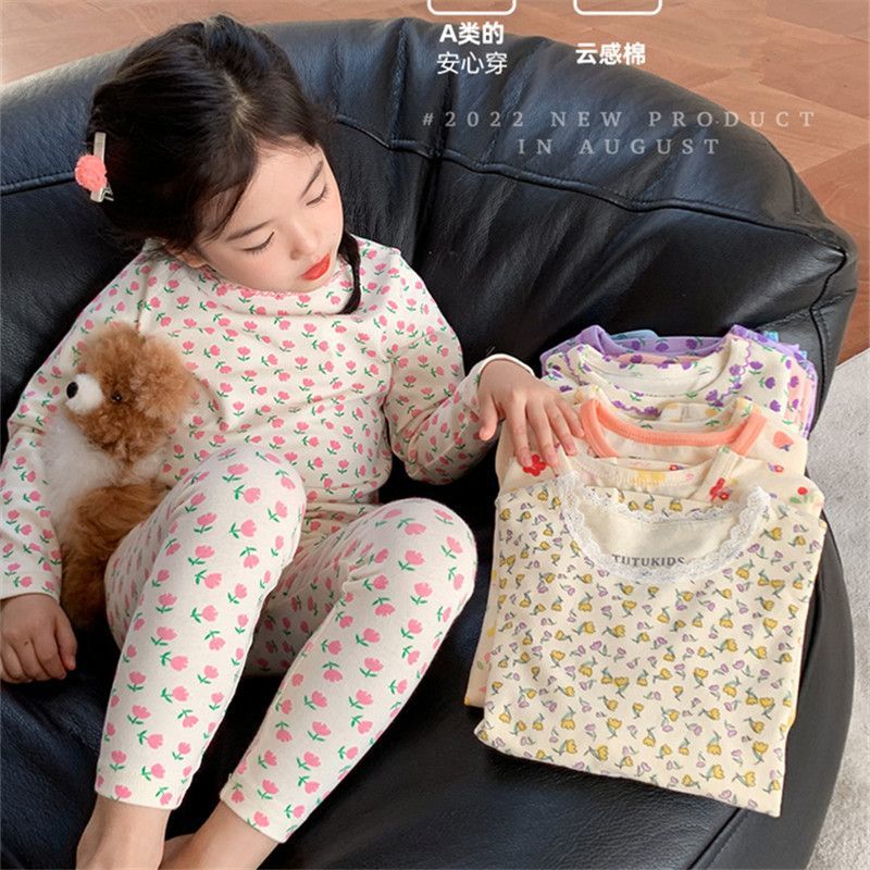 Girls floral home wear long sleeve pajamas warm two piece set