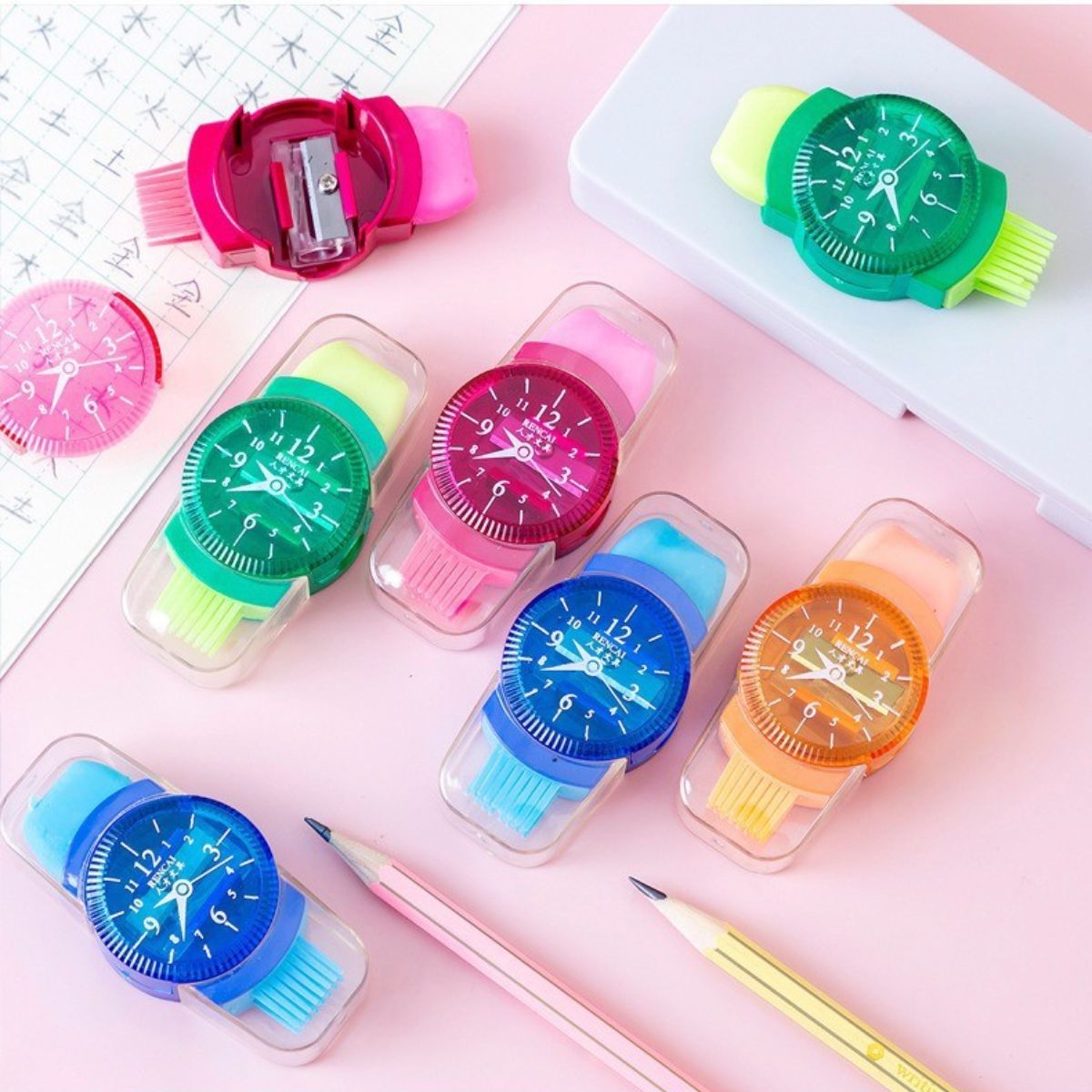 Children's creative watch shape pencil sharpener with eraser cleaning brush three in one multifunctional pencil sharpener for primary school students