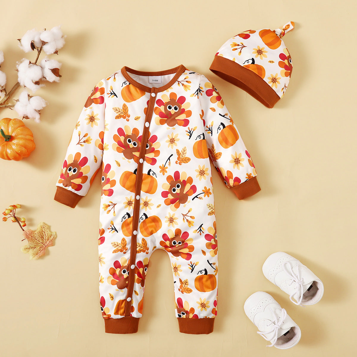 Romper with hat for autumn, Halloween and Thanksgiving design, featuring turkey and pumpkin prints