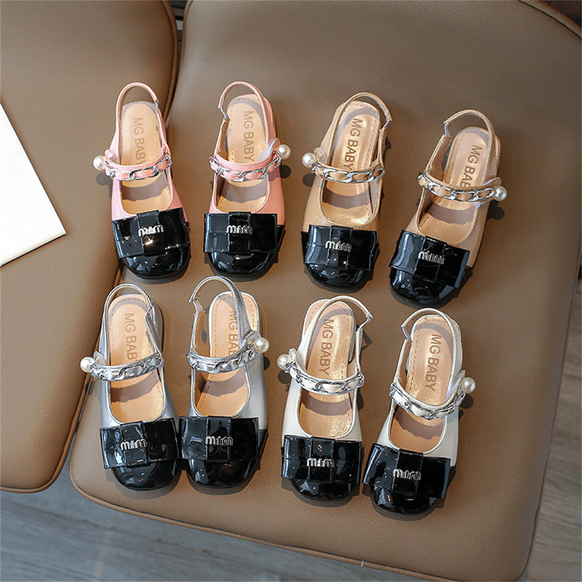 Toddler girl's British style color matching thick heel pearl flat leather shoes