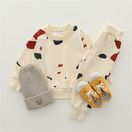 Infant and toddler spring and autumn full-print stone flower long-sleeved trousers suit