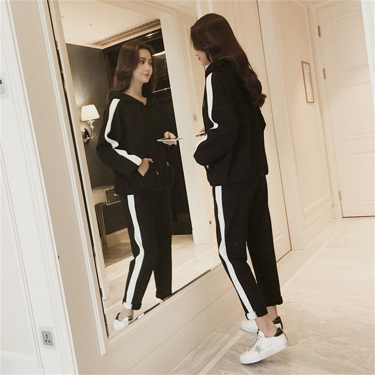 Women's loose hooded sweatshirt preppy style sports suit two-piece set