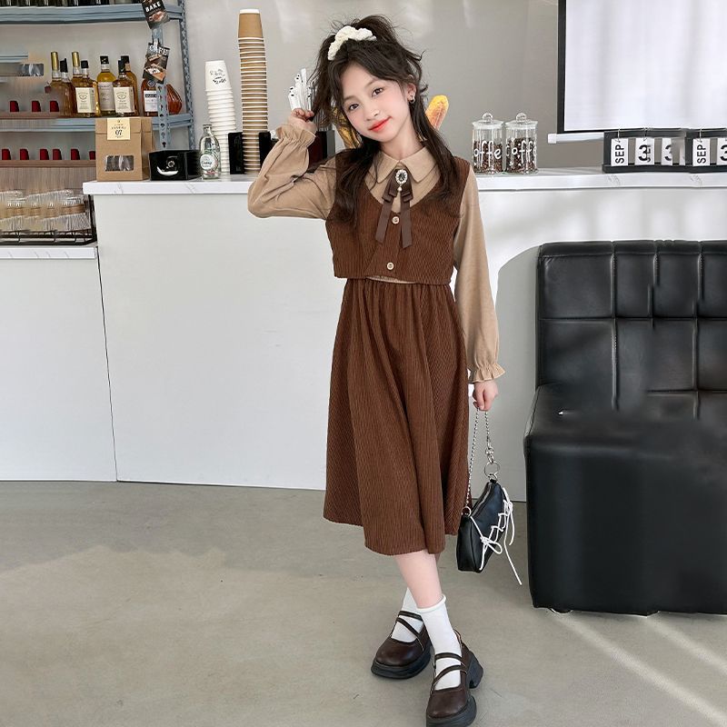 Middle and large children's lapel shirt dress long sleeve retro dress