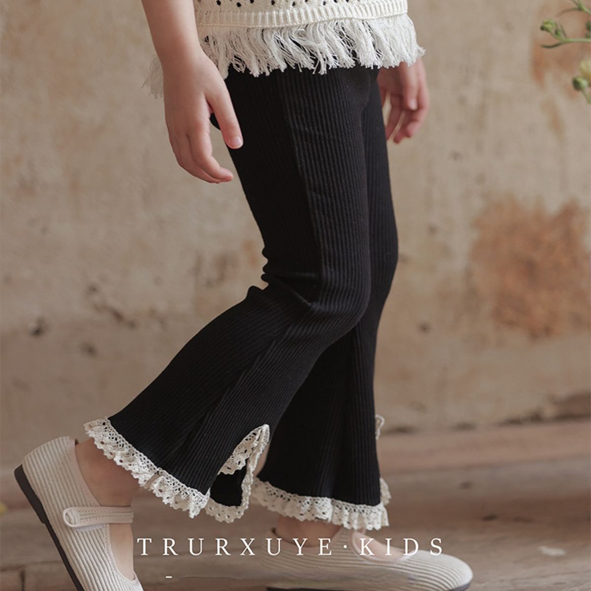 Little girl bell-bottom pants spring and autumn new style outer wear fashionable female treasure pearl lace bell-bottom pants