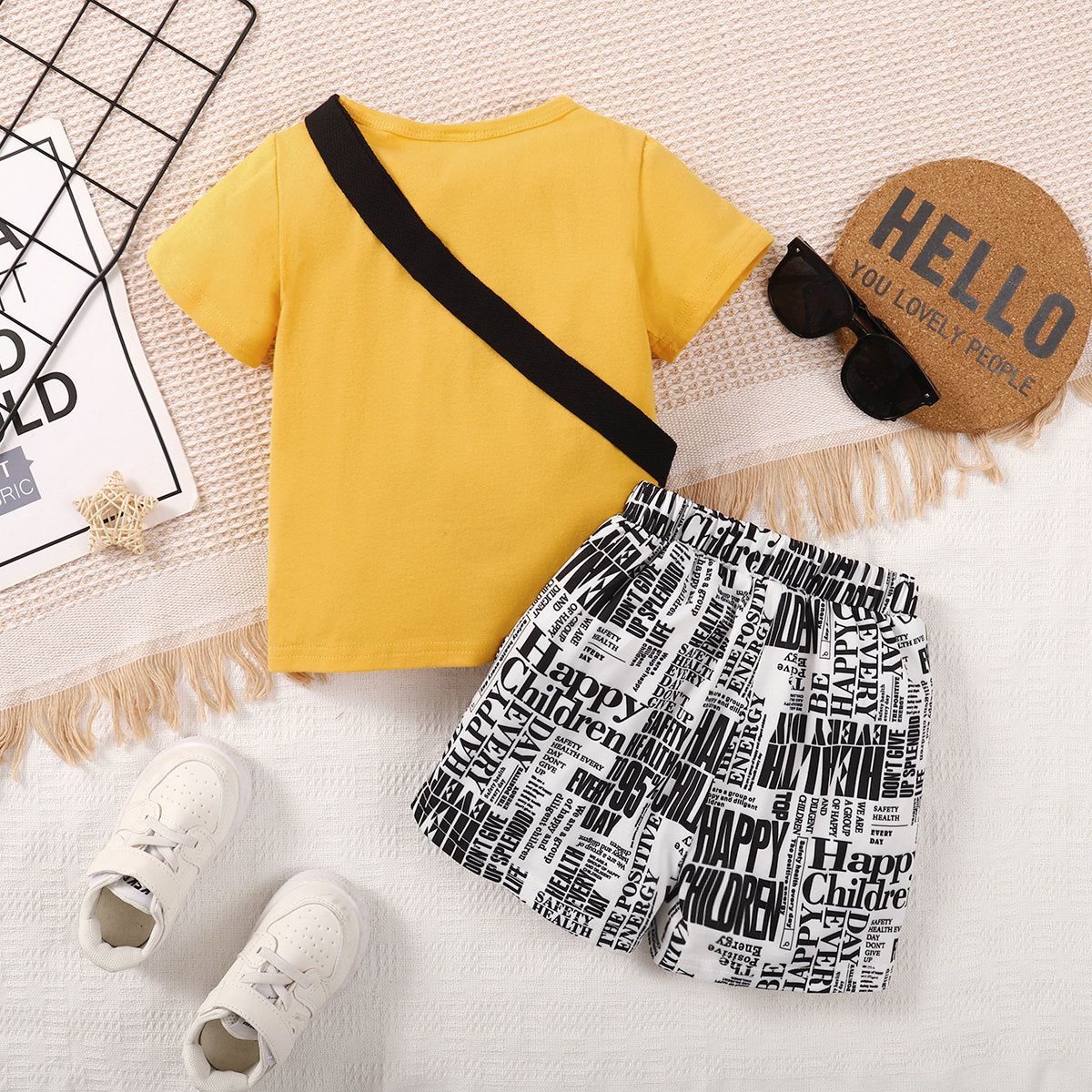 3-piece Toddler Boy Solid Color Short Sleeve T-shirt & Allover Letter Printed Shorts & Matching Crossbody Shoulder Bag