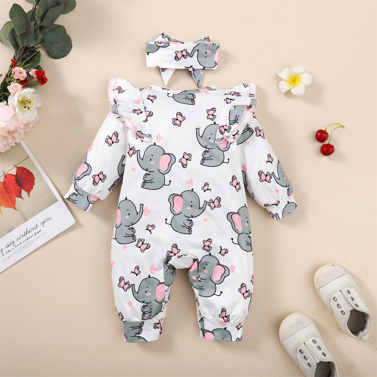 2-piece Baby Girl Ruffled Elephant Printed Button Front Long-sleeved Long-leg Romper & Matching Bowknot Decor Headwrap