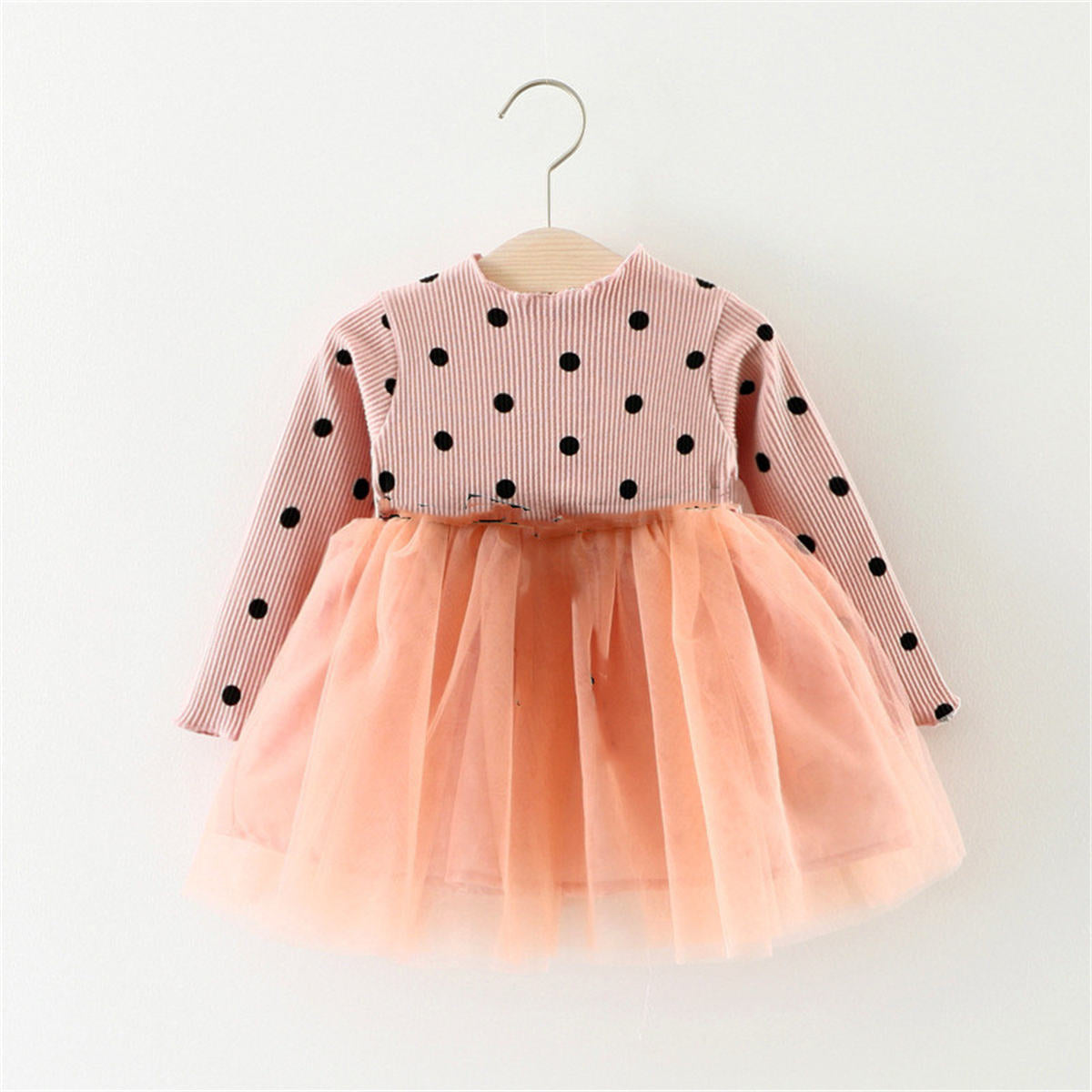 Girls Polka Dot Splicing Tulle Princess Dress Long Sleeve Dress