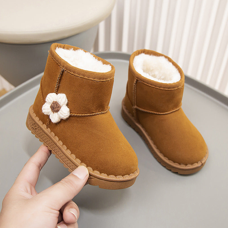 Winter solid color simple flower style warm casual snow boots high top cotton shoes for middle and large children girls